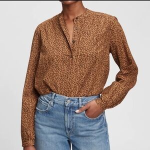 Gap Shirred Popover Boho Leopard Print Shirt Size M
